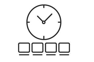 Poster - clock displaying time above a row of computer screens in a modern workspace
