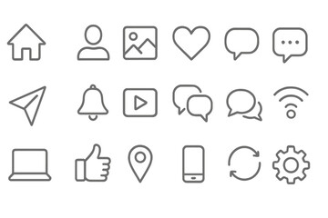 Poster - Collection of line icons representing communication, technology, and social interaction in modern design