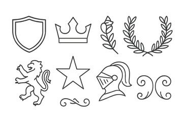 Poster - Various heraldic symbols and designs displayed in a simple line art style, showcasing a range of medieval themes
