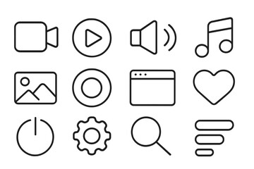 Fototapete - Collection of simple icons representing multimedia functions and user interface elements for digital applications