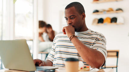 Poster - Coffee shop, remote work and man on laptop in cafe for online project, research report and website, Professional, freelancer and person on computer in restaurant for breakfast, meal and lunch