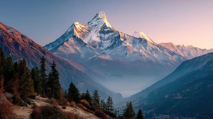 Wall Mural - Snow-capped mountain with forest and valley in golden light