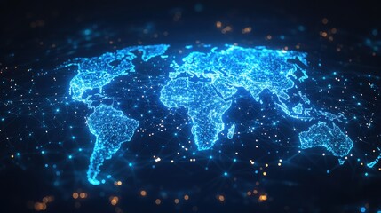 glowing digital world map with network connections and blue lights