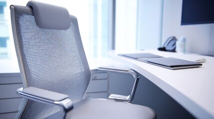 Poster - Modern office chair with a light gray mesh back.