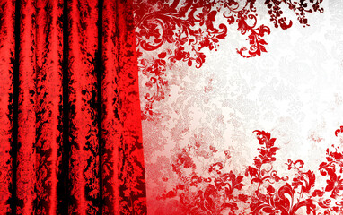 Poster - Luxurious red velvet curtain and ornate floral design create an elegant background for artistic use.