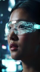 Poster - Woman wearing futuristic smart glasses immersed in digital information technology