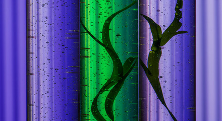 Poster - Abstract Waving Dark Green Stems on Textured Green and Purple Backgrounds with Glittering Speckles