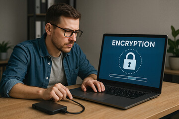 Poster - Man working on laptop with encryption software in modern office  