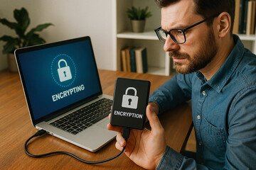 Poster - Man holding encrypting hard drive while working on laptop at desk  