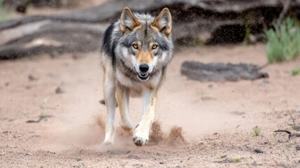 Gray wolf in motion across sandy terrain.