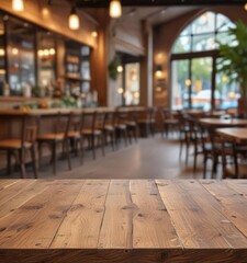 Poster - Empty rustic wood tabletop, blurred cafe background,  bistro,  background