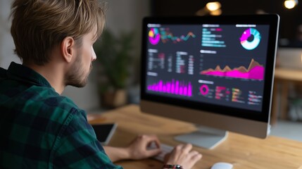 Poster - Data analyst working at a computer desk with visualizations and graphs in a modern office setting during the daytime