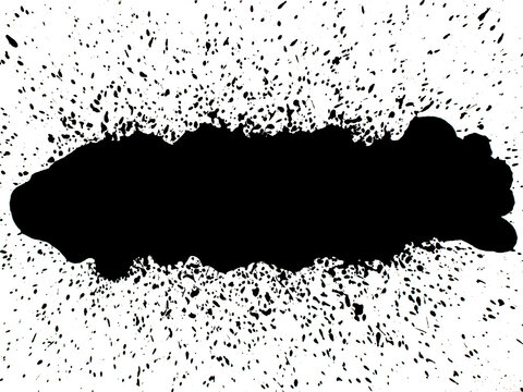 A bold black ink splash radiates outward with intense scattered droplets on a white background