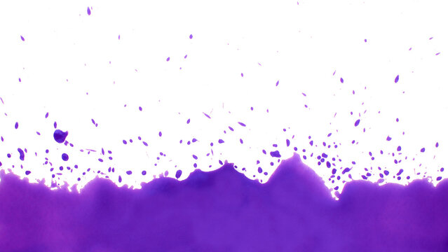 A bold splash of purple ink rises from the bottom, blending rich violet tones with scattered droplets against a white backdrop
