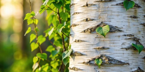 Close-up view of birch tree bark texture with vibrant green leaves of a climbing plant