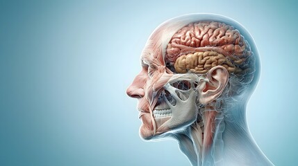 Poster - Detailed 3D medical grade visualization of the forehead and brow region showing the intricate interaction of skin muscles and underlying bone structure  Clean