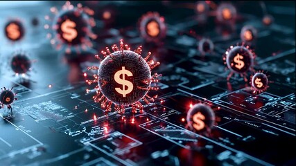 Poster - A computer screen with a dollar sign and a bunch of other dollar signs. The dollar signs are all connected to each other and are red. The image has a futuristic and technological feel to it