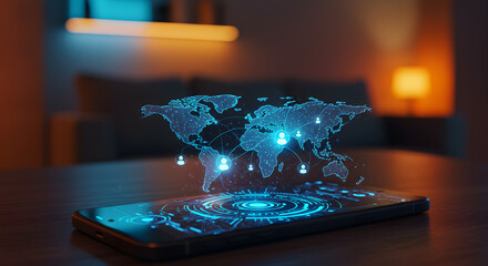 Poster - Glowing Holographic World Map Emanates From a Smartphone on Wood Table in Warm Lit Room Representing Global Connectivity