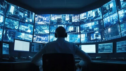 Poster - Futuristic Control Room with Screens and Operator in Dark Environment Overseeing High-Tech Data Processing Operations 4k video footage