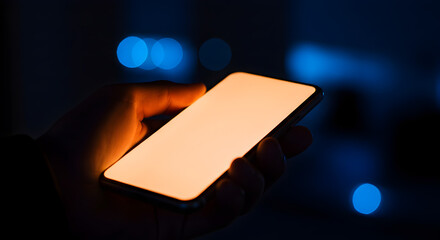 Poster - Hand Holding Glowing Smartphone with Blank Orange Screen on Dark Blue Blurred Night Background
