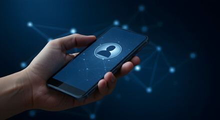 Poster - Hand Holding Smartphone Displaying Blue Avatar Icon Against Networked Backdrop