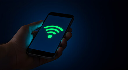 Poster - Hand Holding Smartphone Displaying Green Wifi Symbol on Blue Gradient Background Representing Seamless Connectivity
