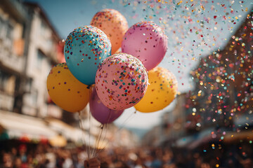 Fototapete - a lively celebration scene, featuring a multicolored bouquet of balloons floating above an urban cro