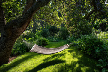 Fototapete - empty hammock suspended between trees in a well-maintained grassy area, dappled sunlight filtering t