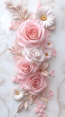 Wall Mural - Pink roses, daisies, marble.  Phone wallpaper