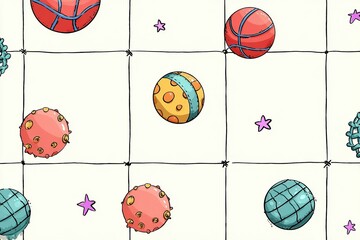 Fototapete - Colorful abstract illustration of basketballs and patterned spheres on a grid background during a creative design session