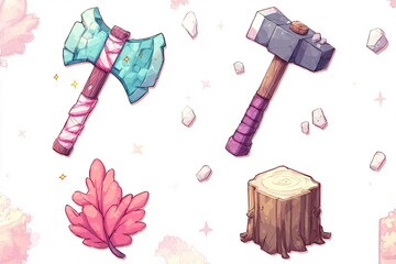 Poster - Digital illustration of fantasy weapons and nature elements in vibrant colors featuring an axe, a hammer, a leaf, and a stump