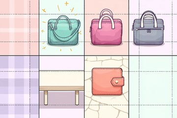 Poster - Colorful collection of stylish bags and wallet arranged in a grid pattern showcasing a variety of designs and colors