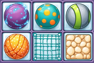 Poster - Colorful balls and textures arranged in a vibrant grid layout showcasing different designs and materials for a playful atmosphere