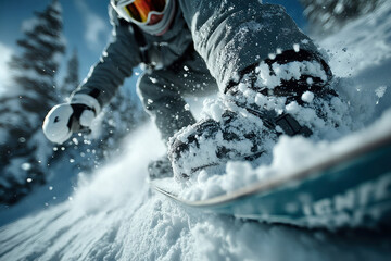 Fototapete - snowboarder in action on a steep mountain slope, wearing gray and black attire with a white helmet a