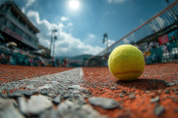 Fototapete - outdoor tennis match on a red clay court yellow ball, blue net, white boundary lines, engaged crowd 