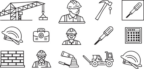 Poster - Home and Work Minimal Line Style Construction Icons