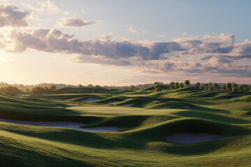 Fototapete - aerial shot of a golf course during sunrise or sunset, with green fairways contrasting against white