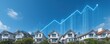 © JT Studio - A row of modern houses with a city skyline and an upward graph, representing real estate growth and urban development.