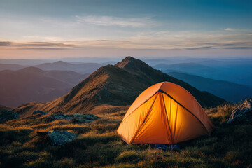 Fototapete - sunset dawn camping scene, orange tent on a grassy hill with rocks, open tent door reveals mountain 