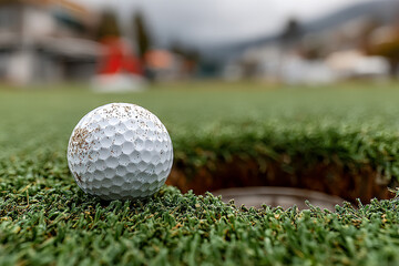 Fototapete - close-up of a golf ball on manicured grass with numerous dimples, against a blurred backdrop of tree