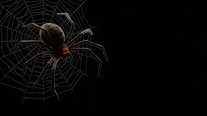 Spider and web illustration with red eyes on black background