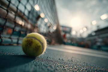 Fototapete - close-up view of a dark blue tennis court at sunset, with a yellow tennis ball in the foreground blu