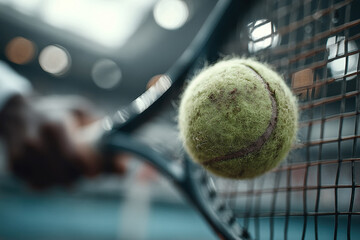 Fototapete - tennis ball in motion on a blurred court, suggesting speed and game intensity yellow, worn tennis ba