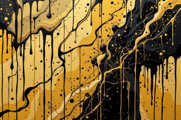 Poster - a pop art style with bright, flat colors emphasizing the contrast of metallic gold and deep black fabric with dripping liquids