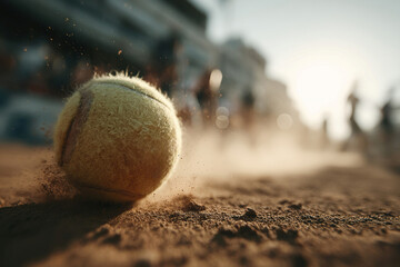Fototapete - tennis action on a clay court yellow head branded tennis ball in motion, two players one white-shirt