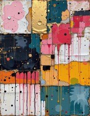 Poster - a textured collage integrating metallic foils, painted liquid effects, and layered fabrics for a mixed media aesthetic