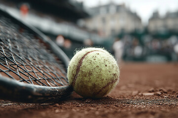 Fototapete - a monochrome tennis court scene with a colorful tennis ball and racket, partially obscured the setti