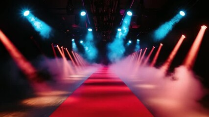 Poster - Dramatic Red Carpet Entrance with Colorful Spotlights and Fog for Event Celebration or Fashion Show 4k video footage