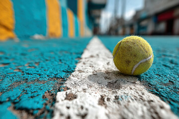 Fototapete - vibrant urban tennis scene blue road curves, yellow tennis ball in foreground contrasting elements b