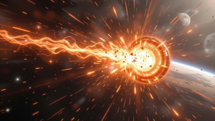 Poster - a detailed sci fi concept art showing a fiery burst of energy in space, rendered with realistic lighting effects.